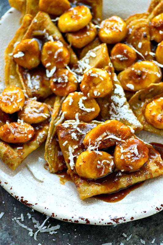 Coconut Crepes with Caramelized Banana Sauce
