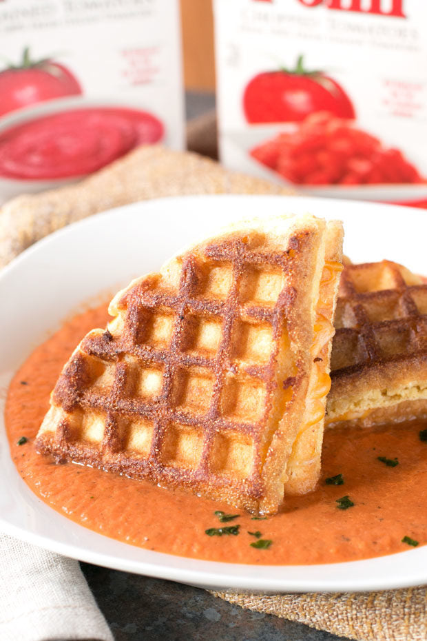 Cornbread Waffle Grilled Cheese Sandwich with Tomato Basil Soup