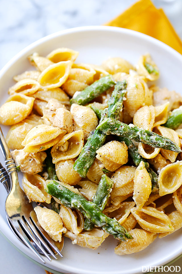 Creamy Chicken Asparagus Shells and Cheese