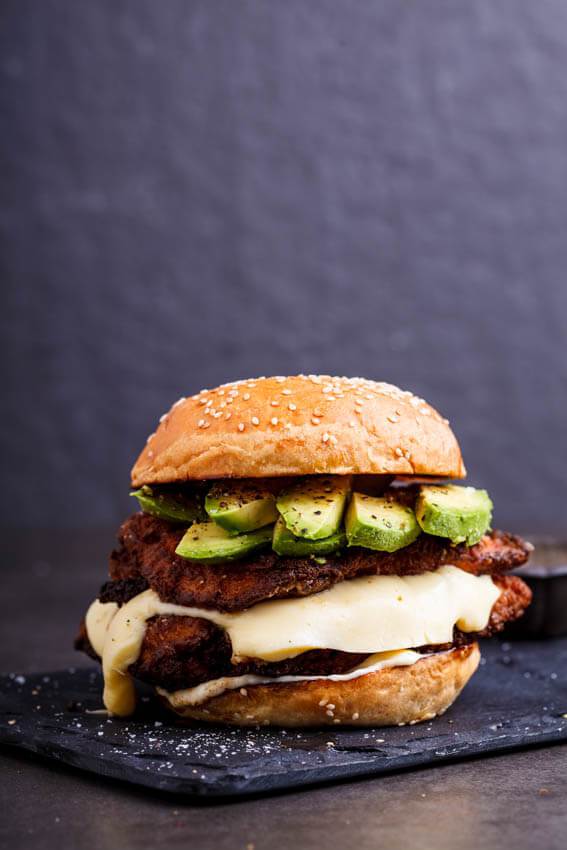 Crispy Chicken, Mozzarella and Avocado Burgers with Lemon Mayo