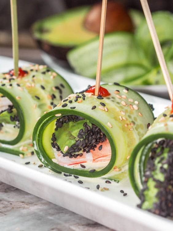 ASIAN CUCUMBER ROLLS WITH SHRIMP, AVOCADO AND WASABI AIOLI {GF, DF}