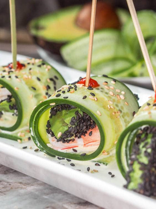 ASIAN CUCUMBER ROLLS WITH SHRIMP, AVOCADO AND WASABI AIOLI {GF, DF}