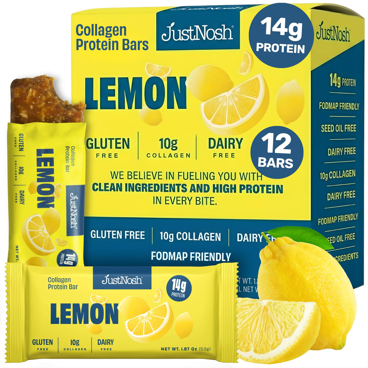 JustNosh Lemon Collagen Protein Bars - 13g Protein • 10g Collagen • Gluten-Free • Dairy-Free • Low FODMAP • Seed Oil Free - 12-Pack