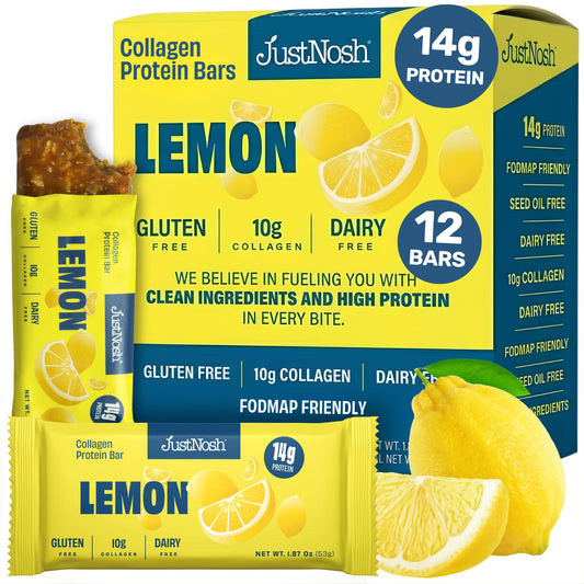 JustNosh Lemon Collagen Protein Bars - 13g Protein • 10g Collagen • Gluten-Free • Dairy-Free • Low FODMAP • Seed Oil Free - 12-Pack