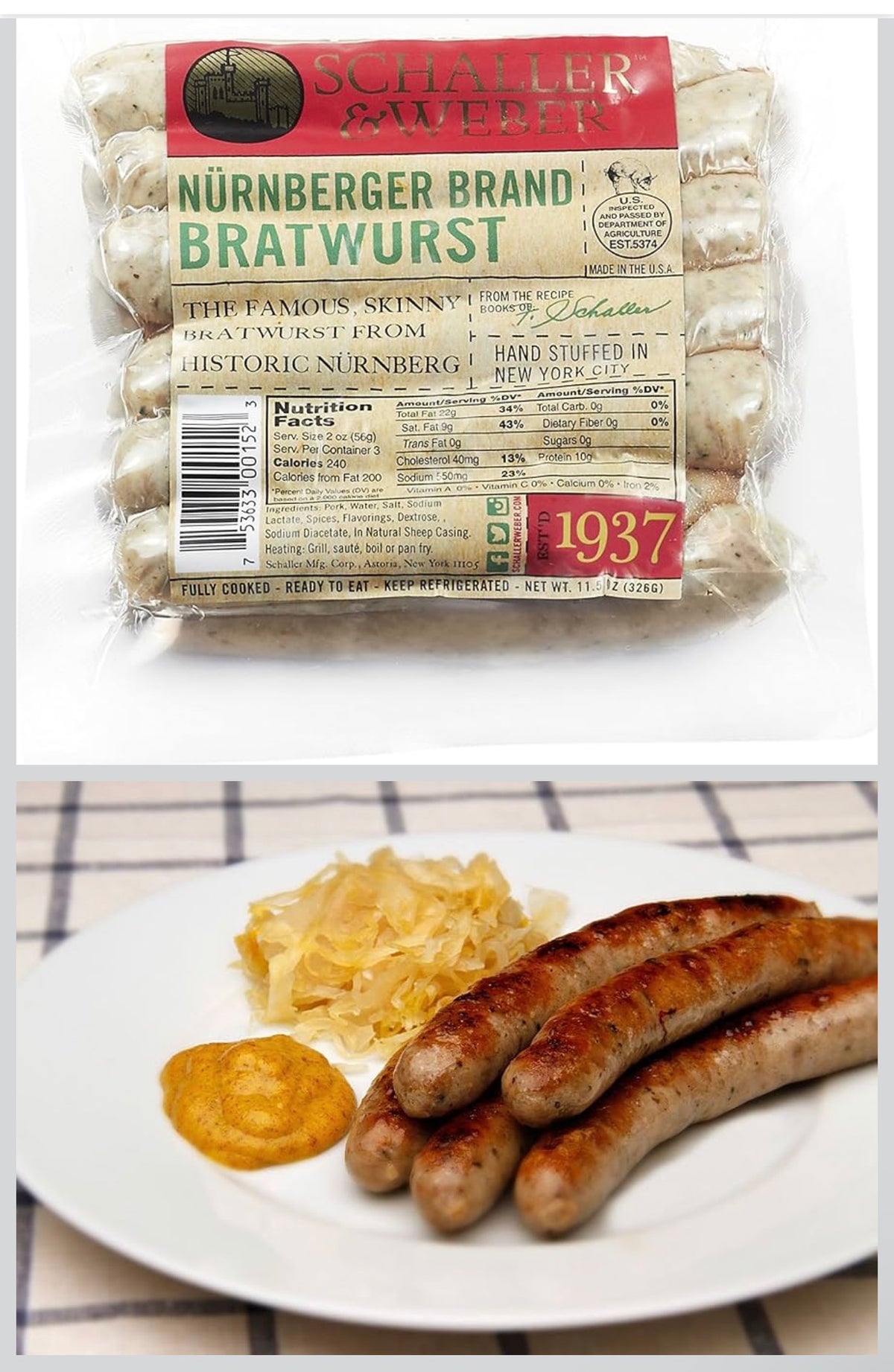 Schaller & Weber Nürnberger bratwurst package above a serving with sauerkraut and mustard.