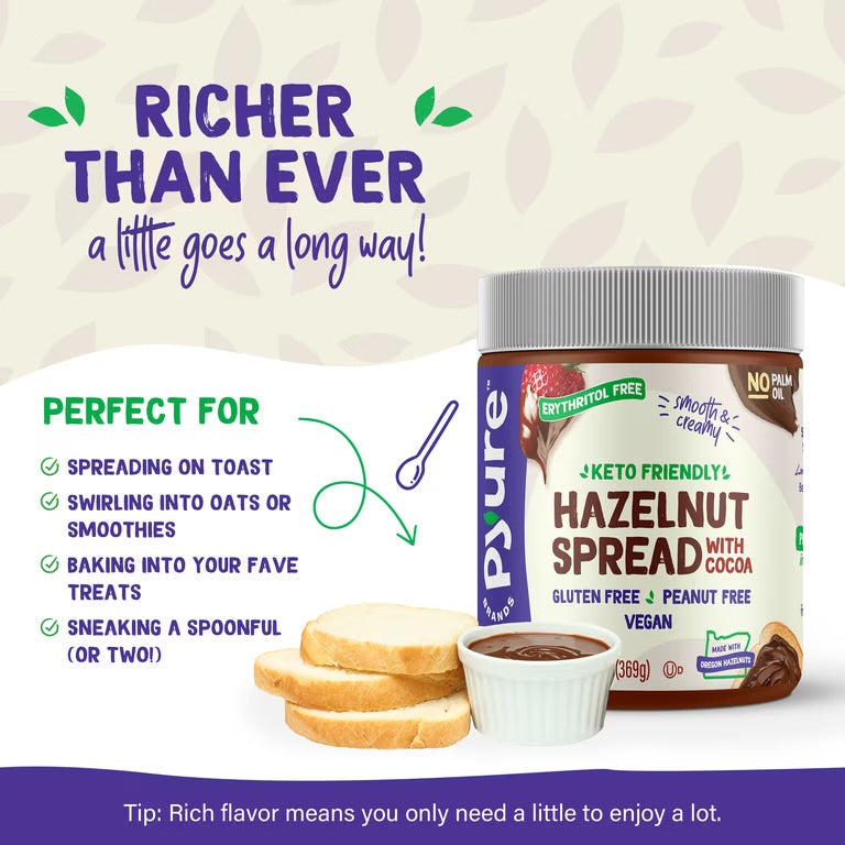 Pyure Keto Hazelnut Chocolate Spread Low-Sugar, Vegan & Keto-Friendly | 13 oz Jar