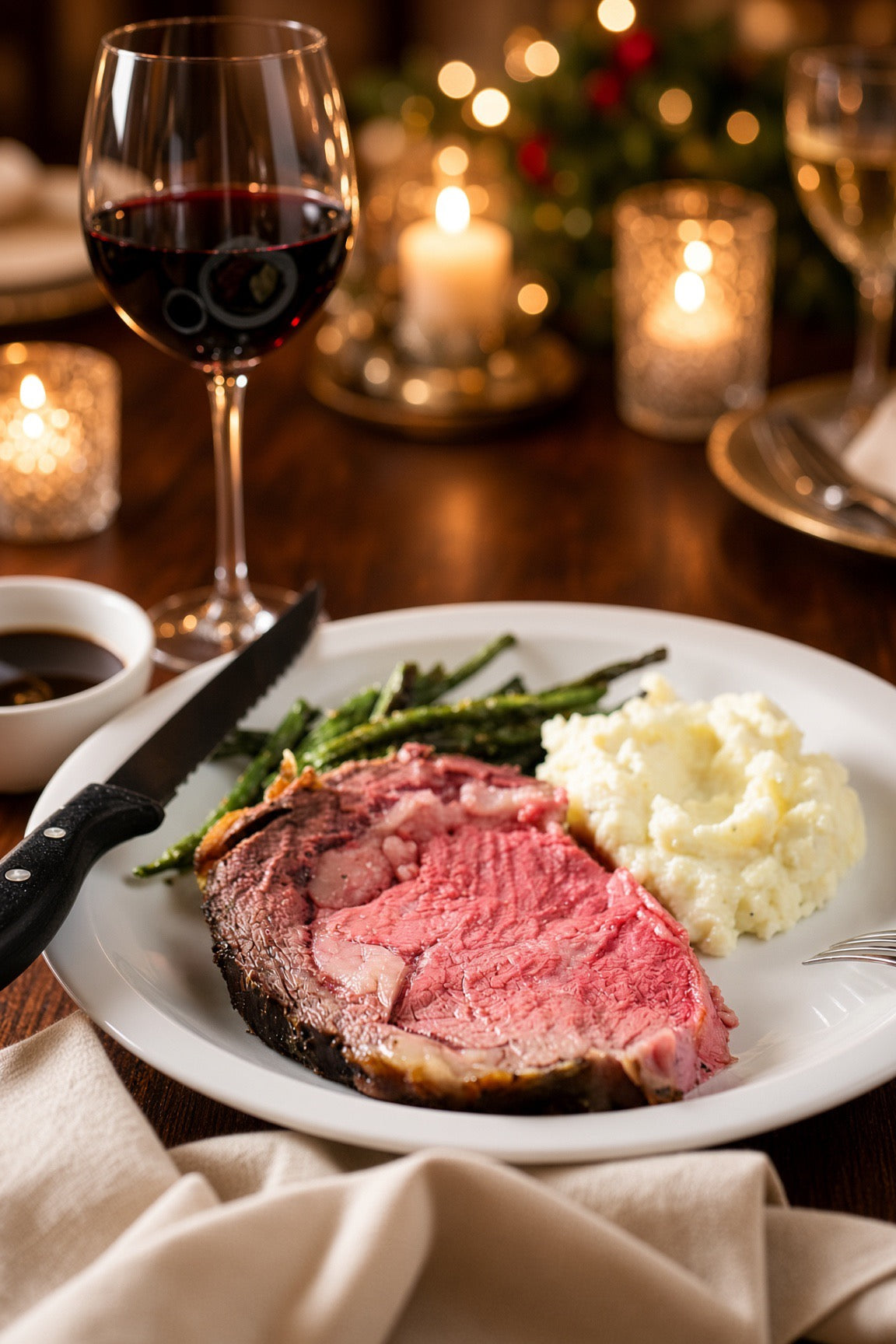 A prime rib roast steak with mashed potatoes and asparagus on a dining table, with a glass of red wine and warm candlelight in the background.