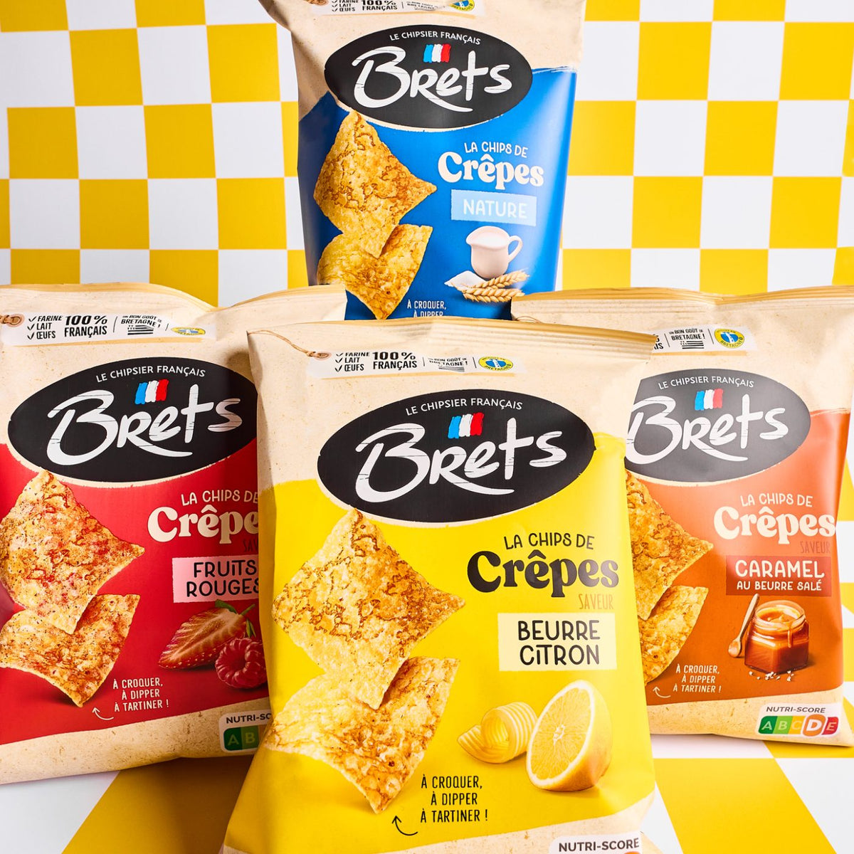 Brets crêpe-chip range with Butter & Lemon, Red Fruits, Plain and Salted Butter Caramel flavors.