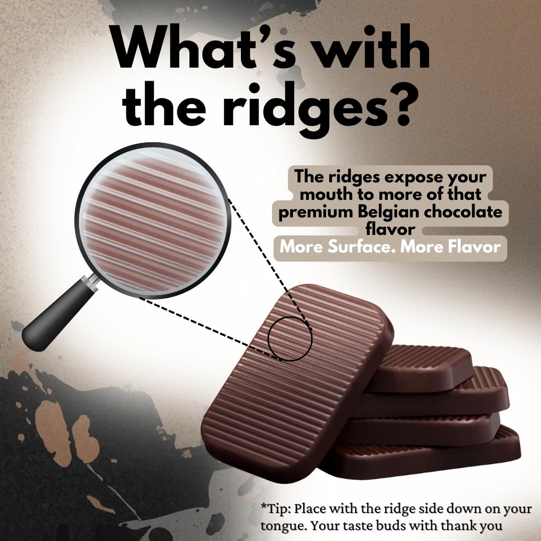 “What’s with the ridges?” graphic: Bouchard graphic explaining the ridged chocolate surface, with a tip to place the ridges against the tongue