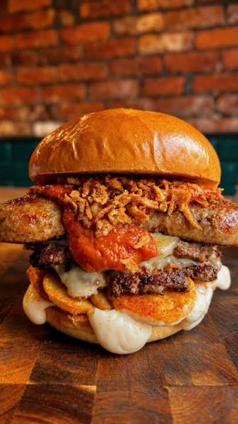 Stacked burger with grilled sausages, melted cheese, sauce and crispy onions.