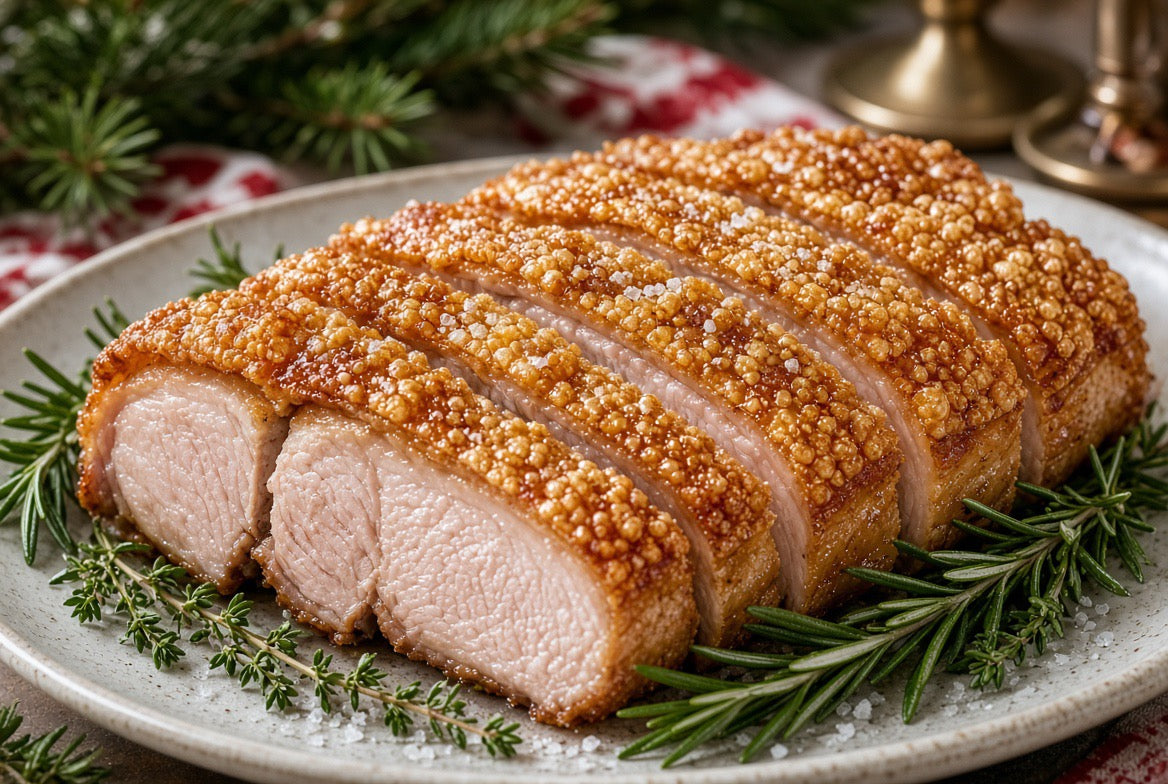 Sliced flæskesteg pork roast with golden crackling and rosemary on a serving platter.