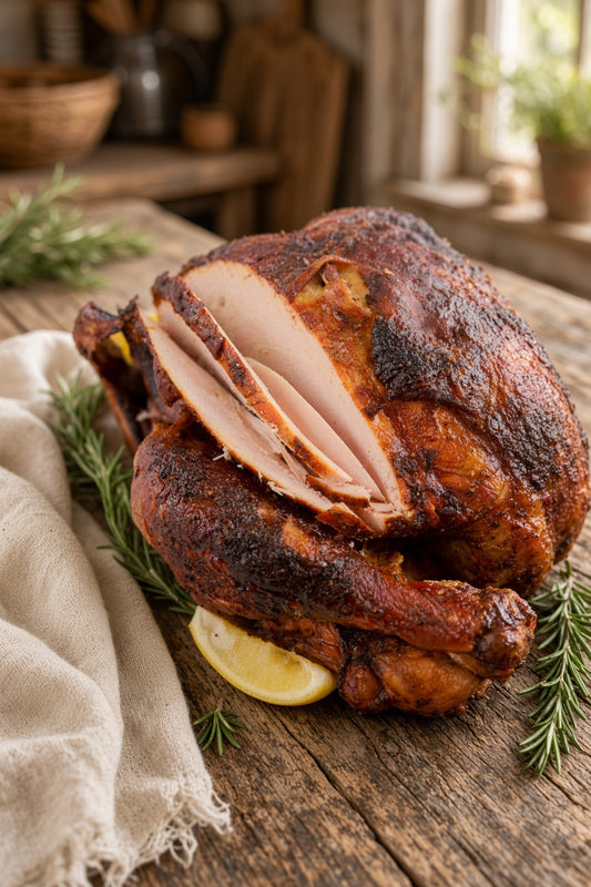 A roasted whole turkey with crispy browned skin and several slices showing the pink meat, arranged on a rustic wooden table with rosemary, a lemon wedge, and a beige cloth.