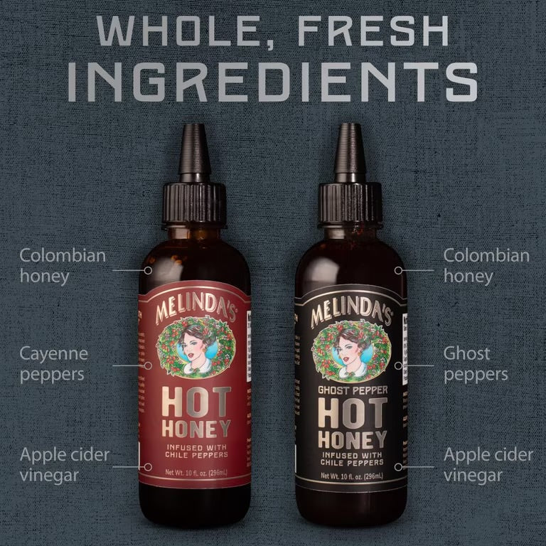 Melinda’s Classic and Ghost Pepper Hot Honey bottles with honey, pepper, and apple cider vinegar callouts
