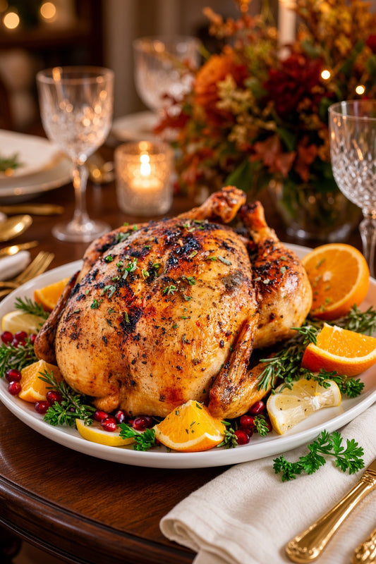 A roasted whole chicken on a white platter, garnished with herbs and surrounded by orange slices, lemon wedges, and pomegranate seeds on a decorated dining table.