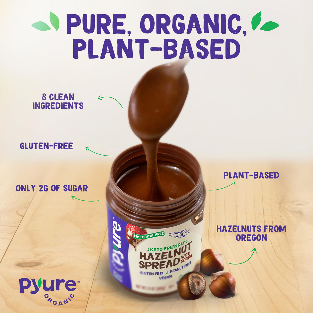 Pyure Keto Hazelnut Chocolate Spread Low-Sugar, Vegan & Keto-Friendly | 13 oz Jar