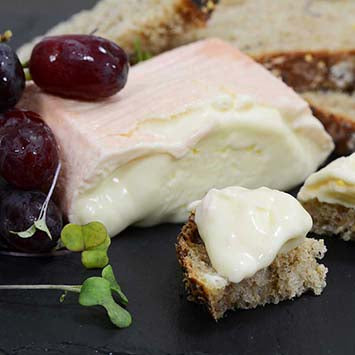 A close-up of a Foxglove cheese spread on a dark plate, featuring a wedge of pale pink cheese with melted white cream, sliced bread, dark red grapes, and green microgreens.