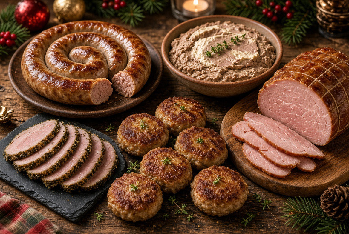 Christmas spread of spiral sausage, liver pâté, sliced smoked pork loin, rolled pork, and meatballs.