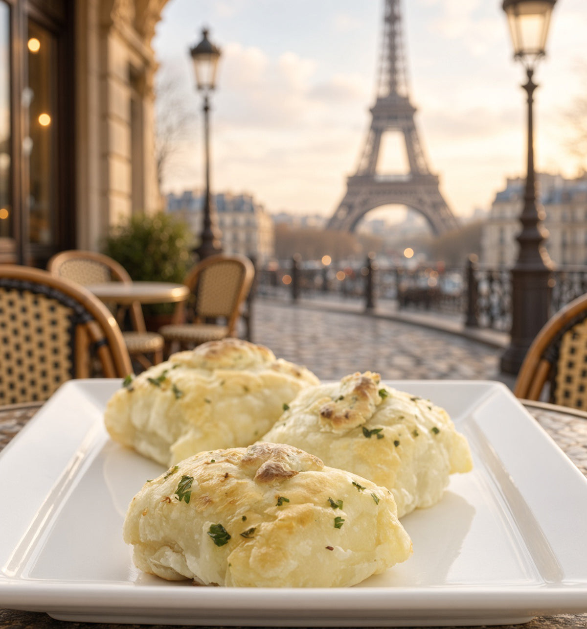 Petite Coq au Vin bites on a white platter with the Eiffel Tower in the background