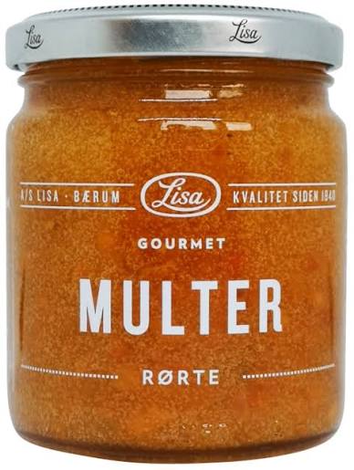A glass jar of Lisa Gourmet Multer Rørte spread, showing a thick orange-brown textured contents inside, sealed with a silver metal lid.