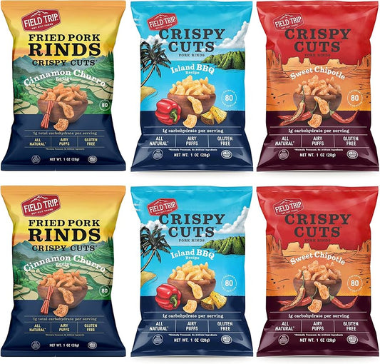 Field Trip Gluten Free Pork Rinds Variety Pack — Island BBQ, Cinnamon Churro & Sweet Chipotle, 6 × 1 oz
