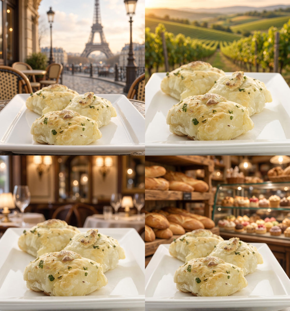 Four-panel collage of petite Coq au Vin bites in café, vineyard, restaurant and bakery settings