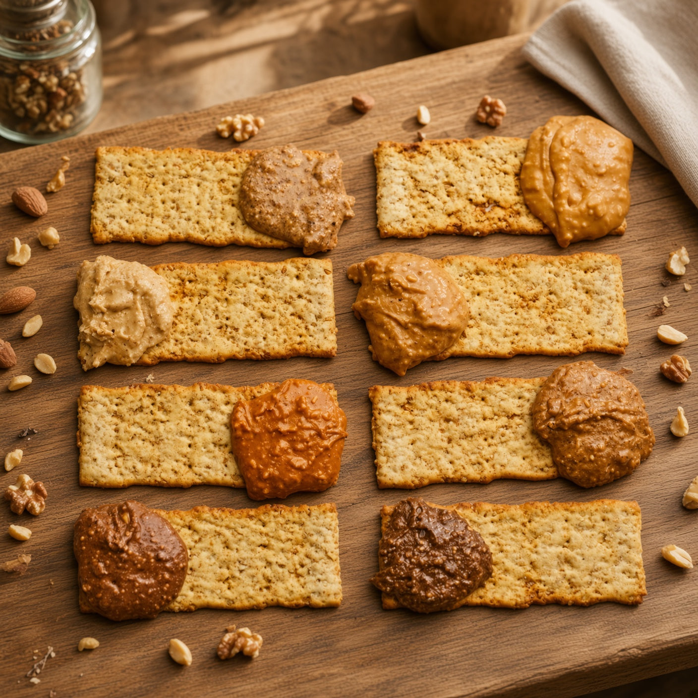 Six rectangular crackers arranged in two columns on a wooden board, each topped with a different spread: beige peanut butter, orange-brown caramel, dark chocolate, and dark brown nut butter. Scattered almonds and walnuts surround the crackers, with a small glass jar of nuts and a folded cloth in the background.