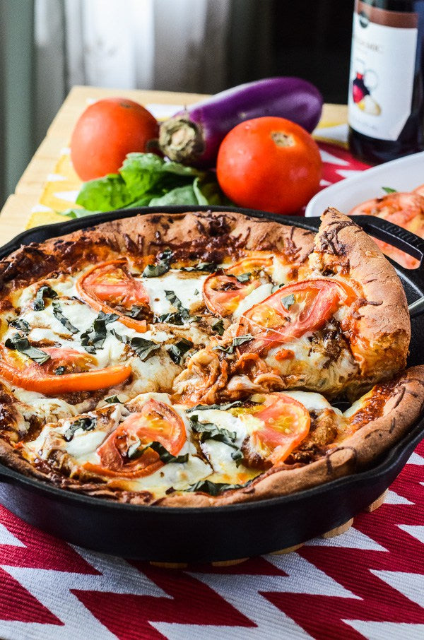 EGGPLANT PARMESAN CAPRESE SKILLET PIZZA
