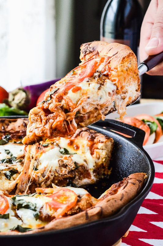 EGGPLANT PARMESAN CAPRESE SKILLET PIZZA