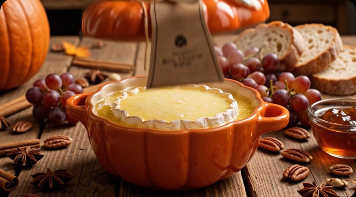 A pumpkin-shaped orange ceramic bowl filled with melted cheese and a rind, set on a rustic wooden table with grapes, bread, star anise, cinnamon sticks, and a small glass of honey. A paper tag is attached to the bowl.