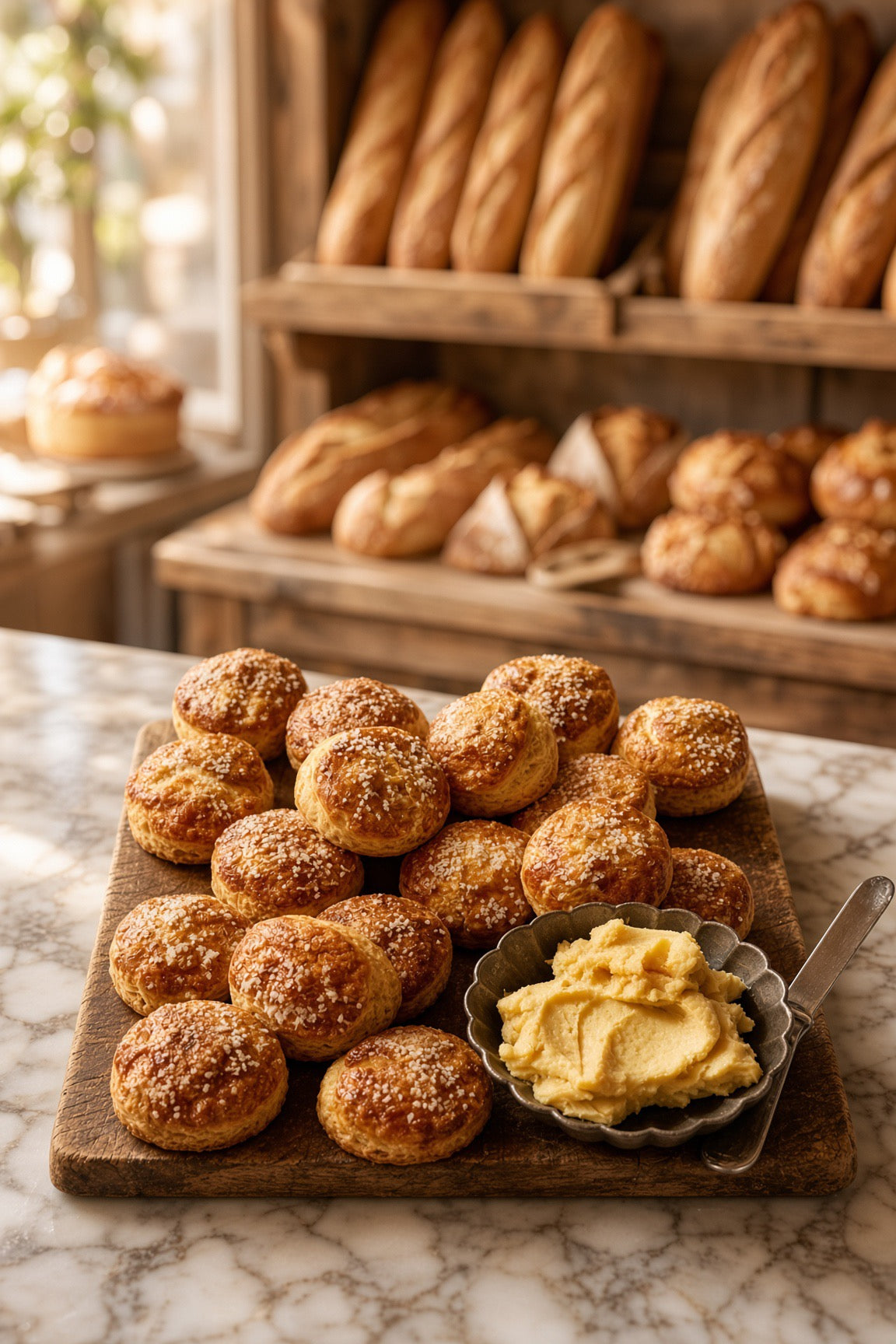 Seasoned pretzel bites on a wooden board beside a bowl of yellow spread.