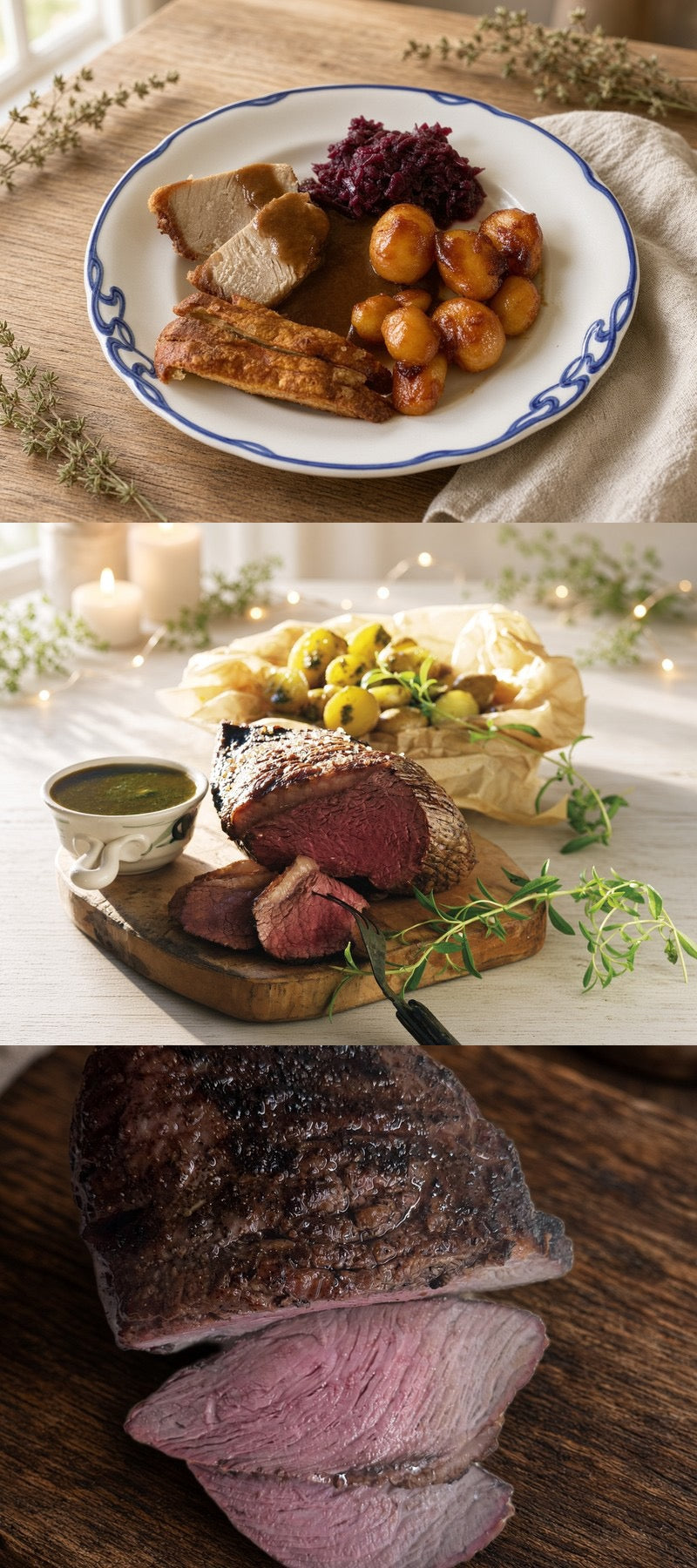 vertical three-photo collage: Three-panel Danish holiday food collage showing roast pork with sides and two sliced beef roasts