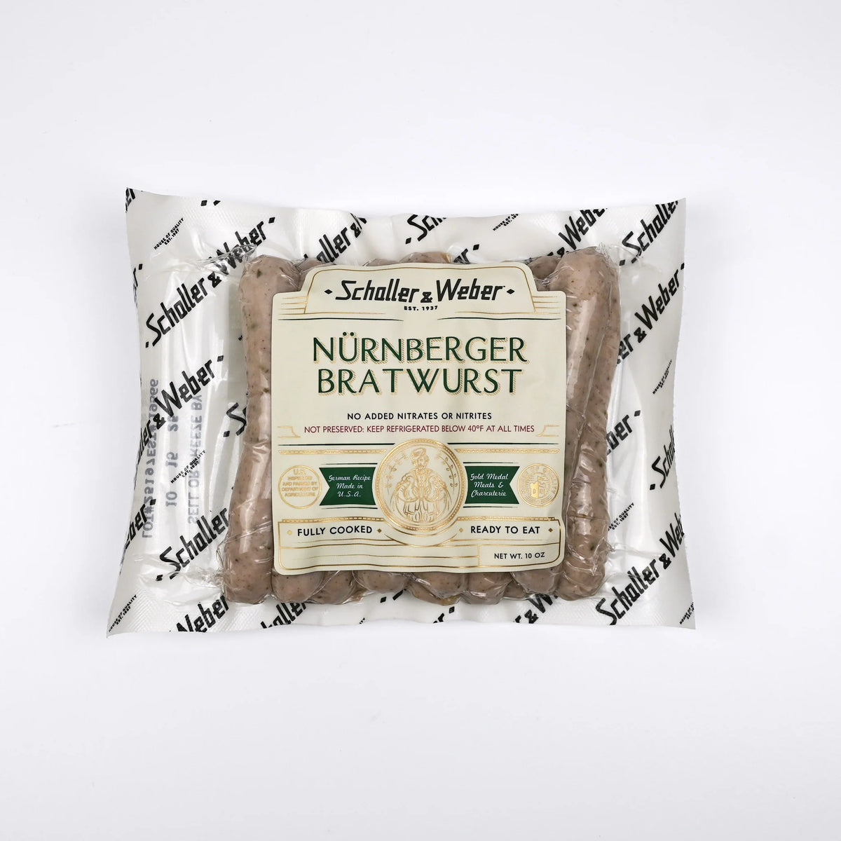 Front of the Schaller & Weber Nürnberger Bratwurst 10 oz package.