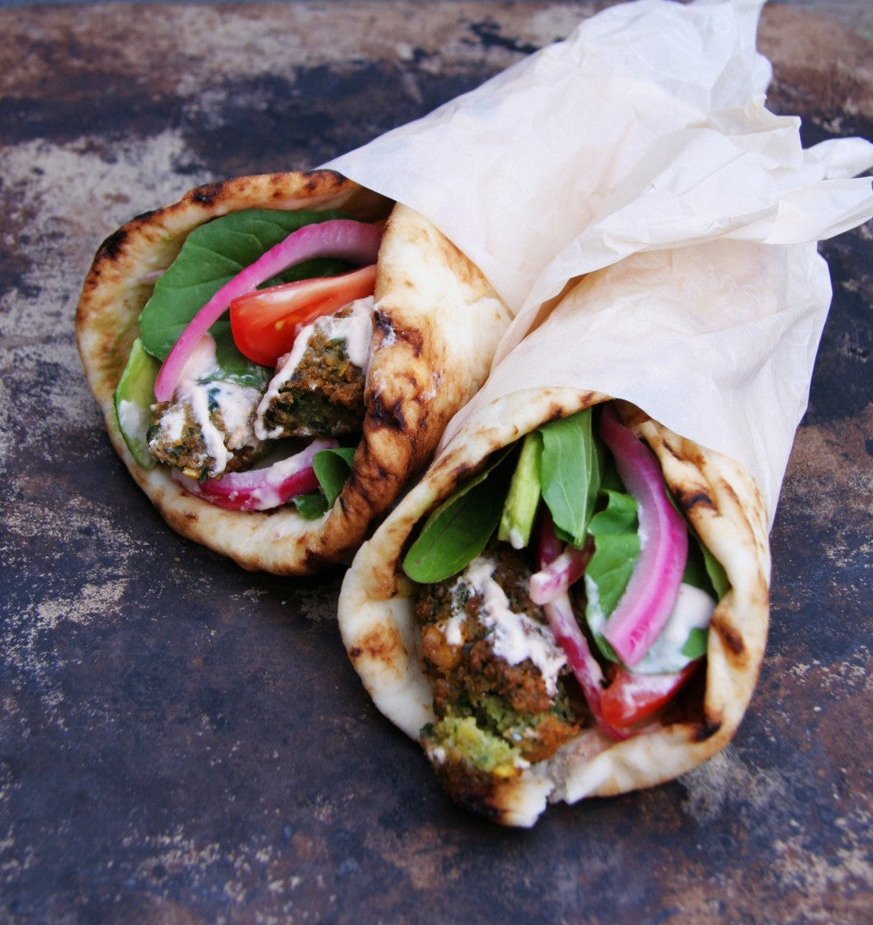 Chickpea & Broad Bean Falafels with Pickled Red Onions & Lemon Tahini Sauce