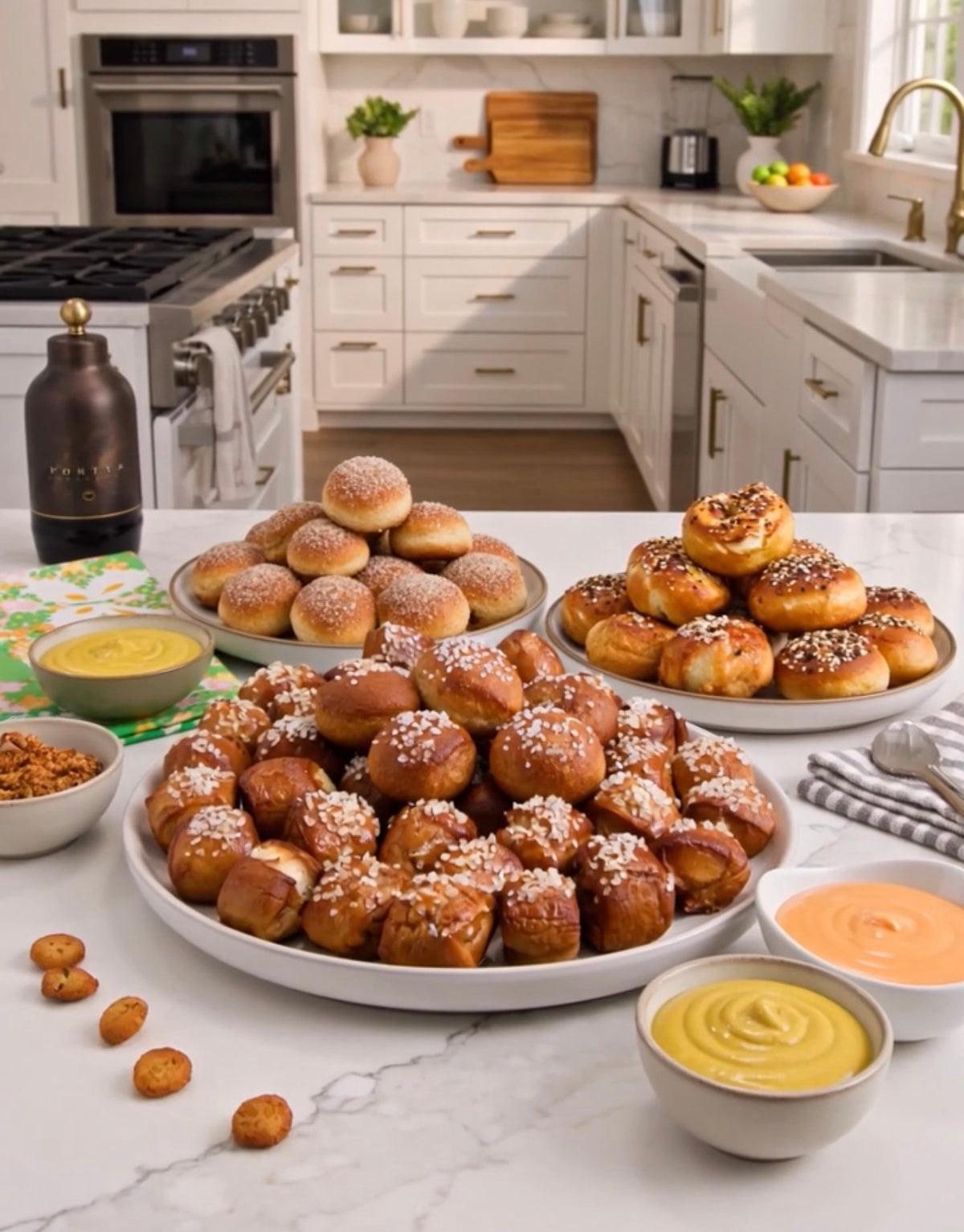 Platters of assorted pretzel bites with dipping sauces on a kitchen counter.