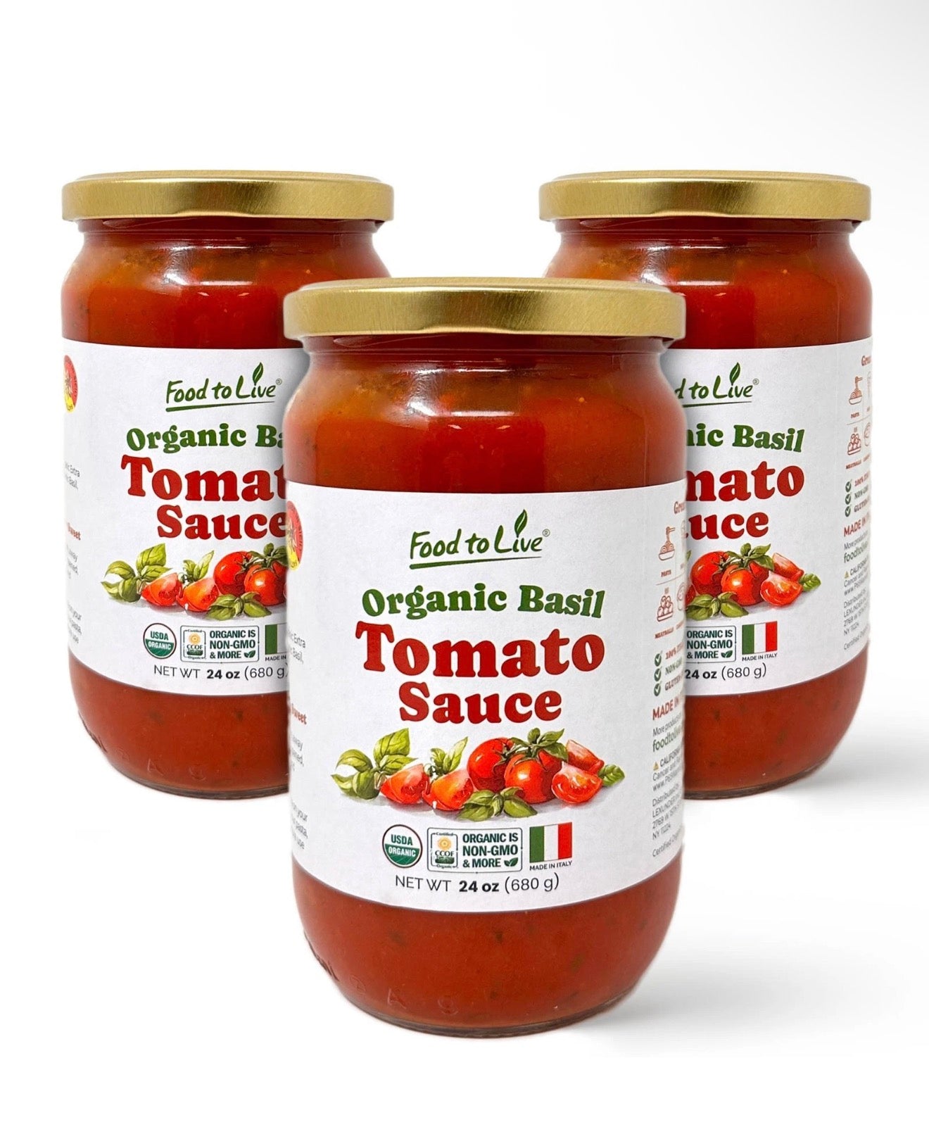 Food To Live Organic Basil Tomato Sauce, 24oz – Authentic Italian Pasta Sauce, No Added Sugar, Non-GMO, Vegan - Pack of 3