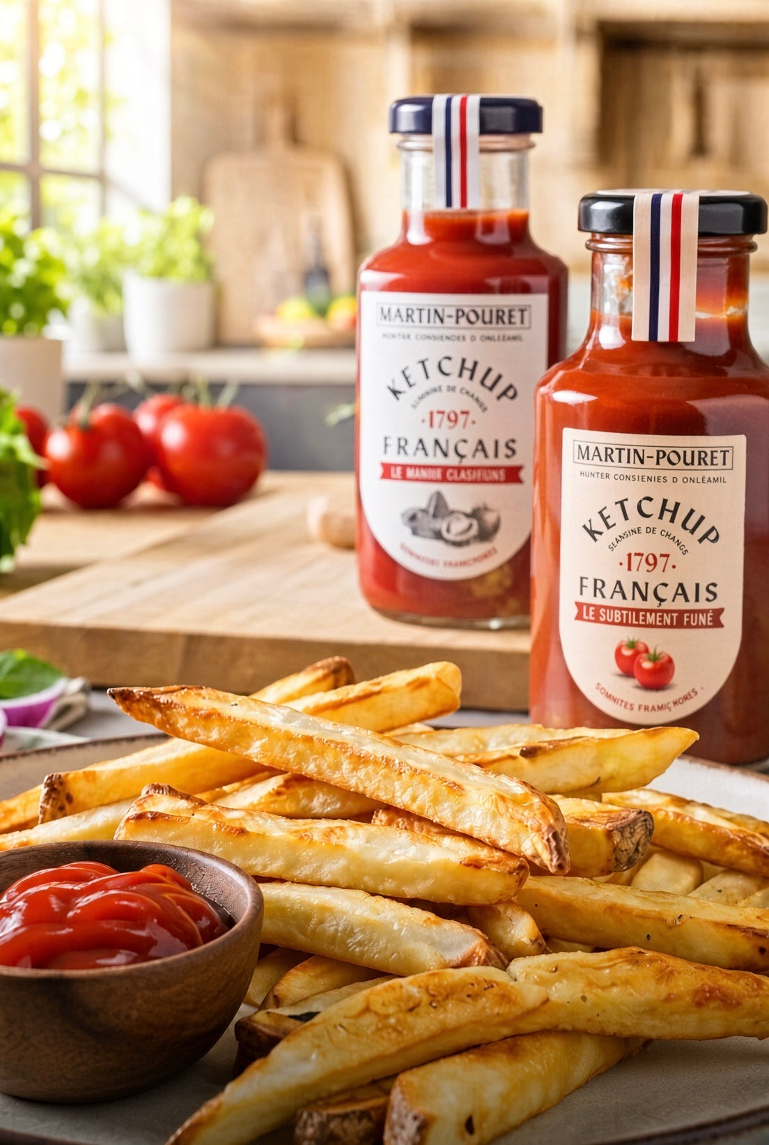 Martin Pouret Classic and Smoked French Ketchup bottles beside fries and a bowl of ketchup
