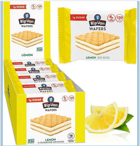 Rip Van Lemon Wafer Cookies - Keto, Non-GMO, Healthy Snacks, Low Carb & Low Sugar (2g), Low Calorie, Vegan - includes 16