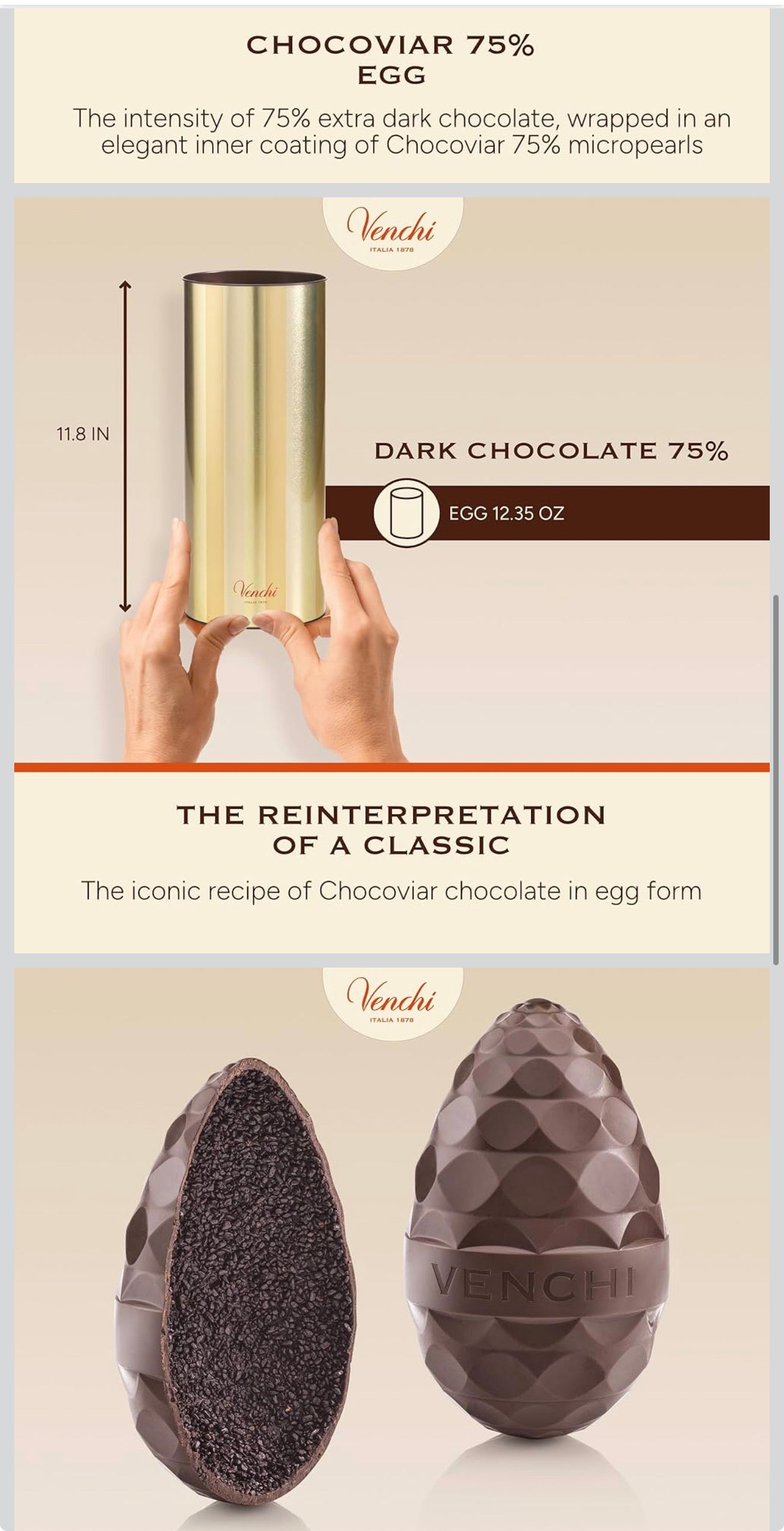 Venchi - Chocoviar 75% Chocolate Egg, Extra Dark Chocolate with Chocoviar Microspheres, No Surprise, Gluten Free, Venchi Easter Collection