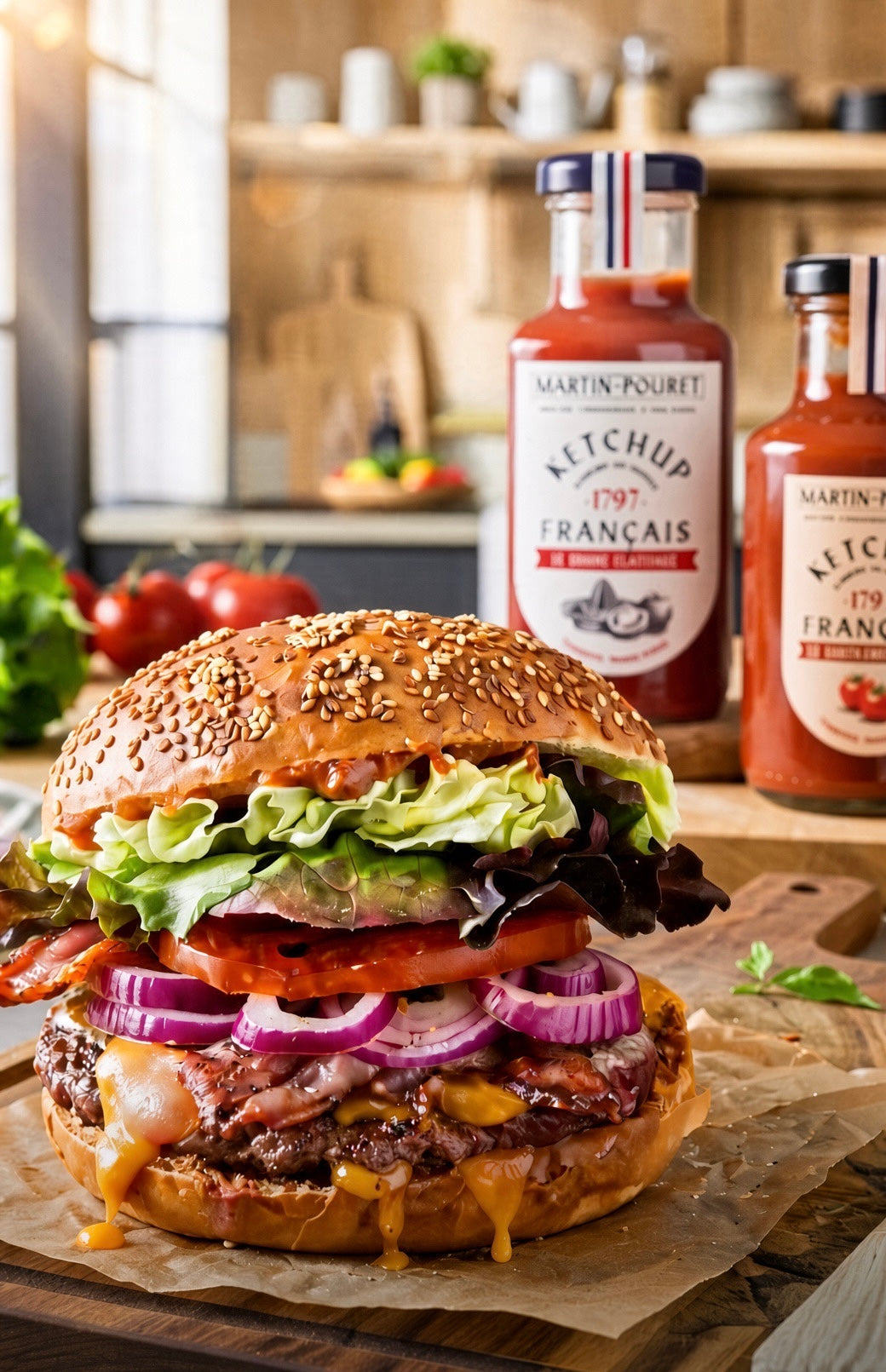 Burger with Martin Pouret Classic and Smoked French Ketchup bottles in the background, serving suggestion
