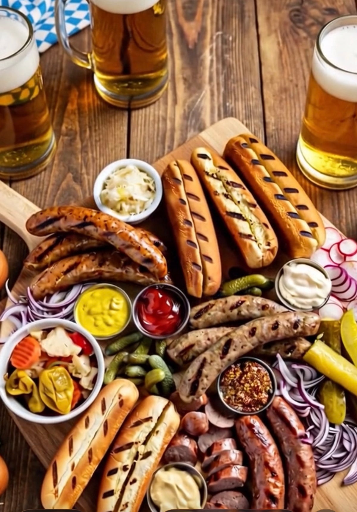 Oktoberfest serving board with grilled sausages, sausage sandwiches, pickles, onions and condiments, beside beer mugs.