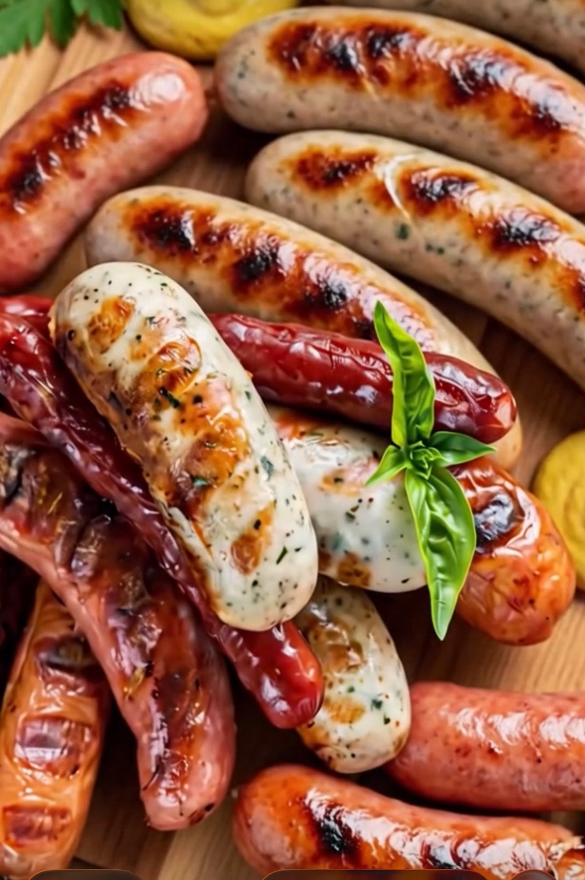 Close-up of assorted grilled sausages garnished with fresh herbs.