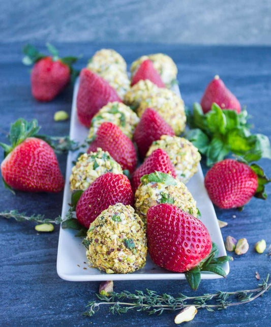 GOAT CHEESE PISTACHIO COATED STRAWBERRIES