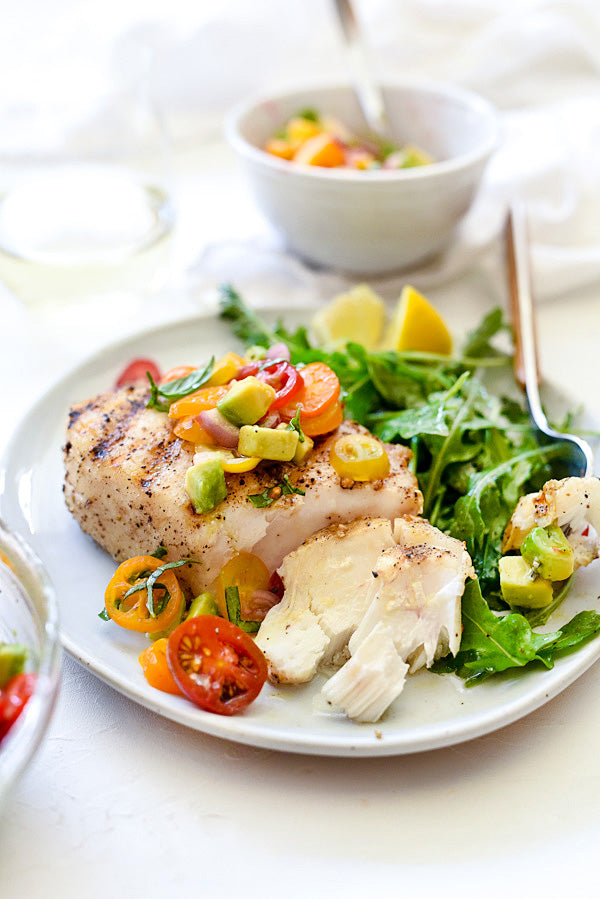 Grilled Halibut with Tomato Avocado Salsa
