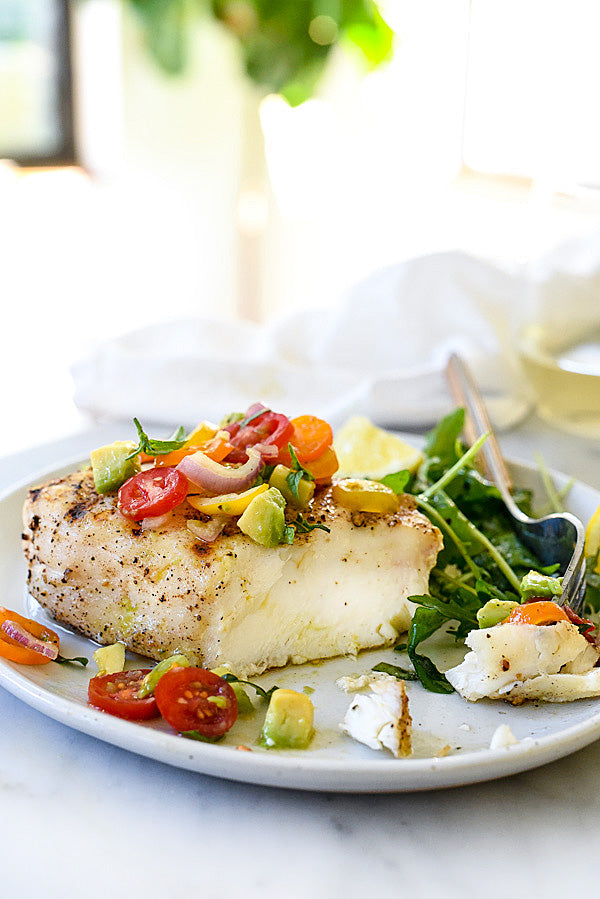 Grilled Halibut with Tomato Avocado Salsa