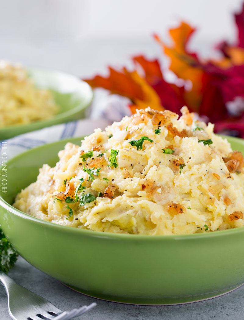 Horseradish Mashed Potatoes with Caramelized Onions