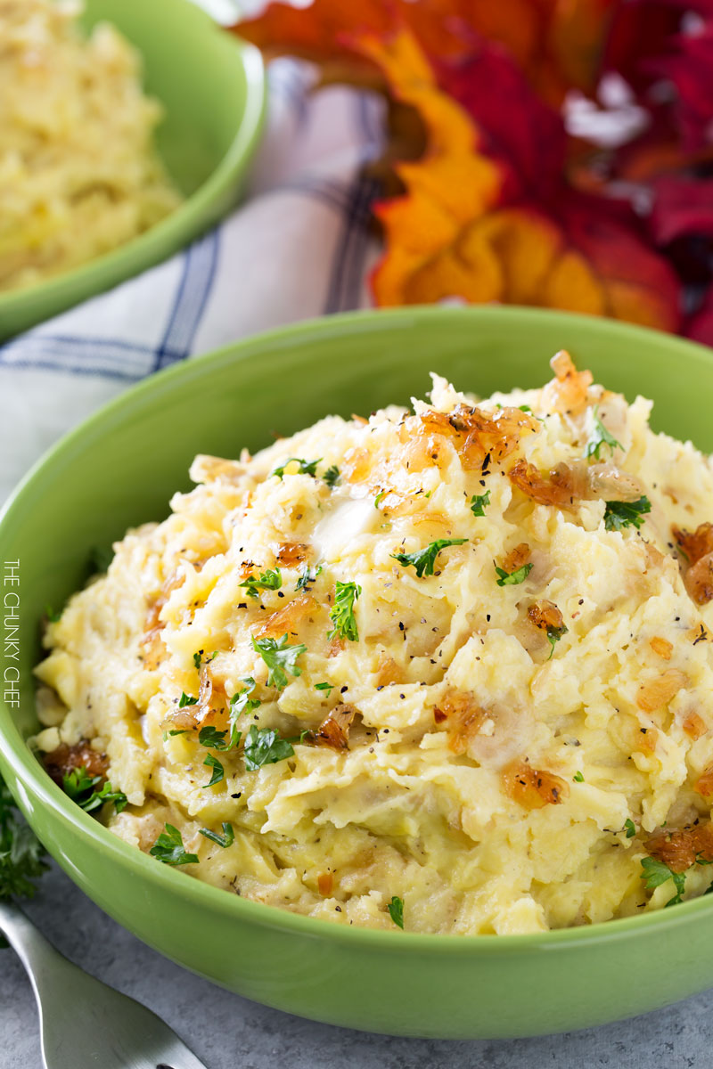 Horseradish Mashed Potatoes with Caramelized Onions