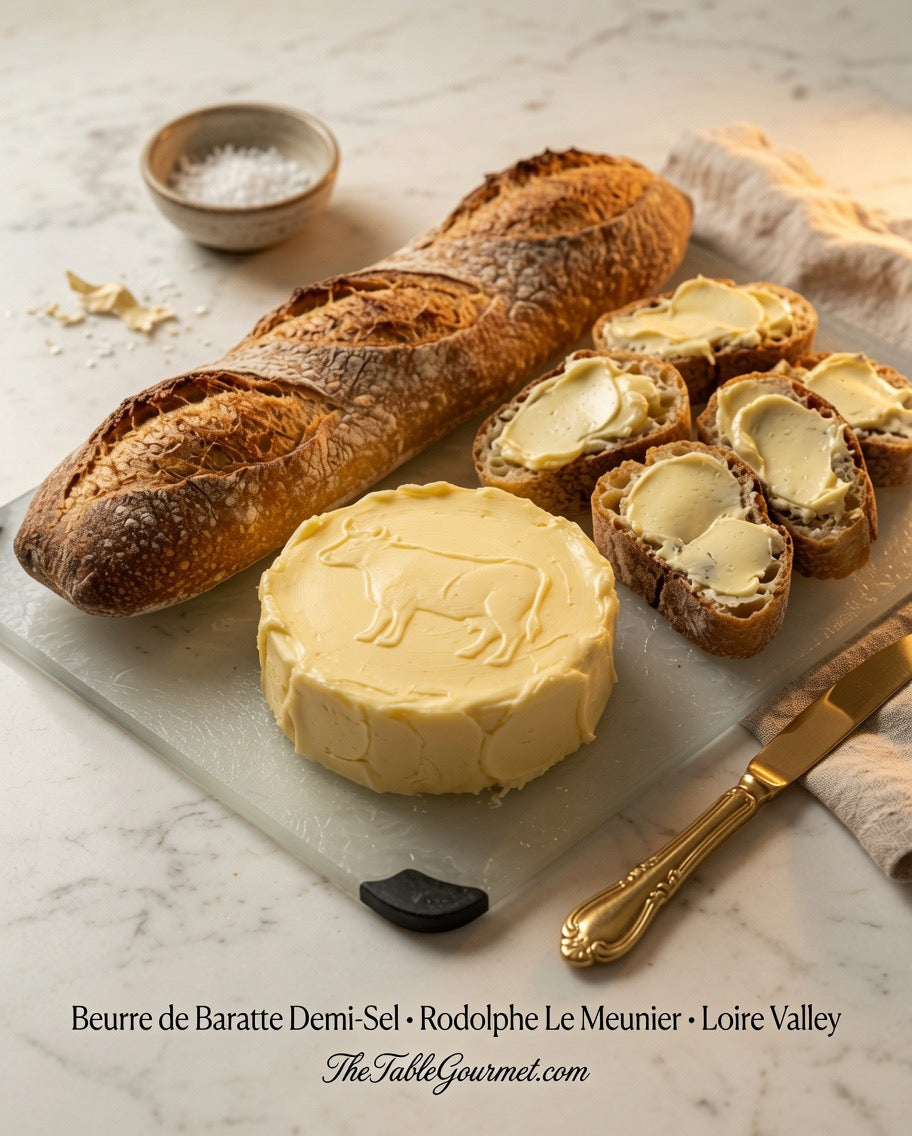 A styled food scene on a marble surface showing a round wheel of pale butter with a cow embossed on top, several sliced baguette halves spread with butter, a small bowl of coarse salt, and a gold-handled knife. Text at the bottom reads 'Beurre de Baratte Demi-Sel • Rodolphe Le Meunier • Loire Valley' and 'TheTableGourmet.