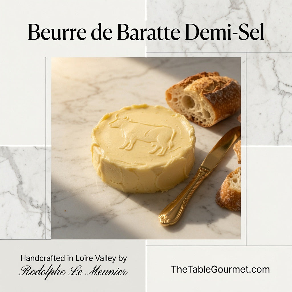 A round semi-solid butter labeled 'Beurre de Baratte Demi-Sel' on a white marble surface, with a gold knife and crusty bread slices. Text at the top reads 'Beurre de Baratte Demi-Sel,' and the bottom includes 'Handcrafted in Loire Valley by Rodephe Le Meunier' and 'TheTableGourmet.