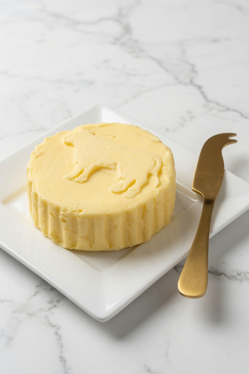 Rodolphe Le Meunier Beurre de Baratte demi-sel churned butter round beside gold foil packaging on marble