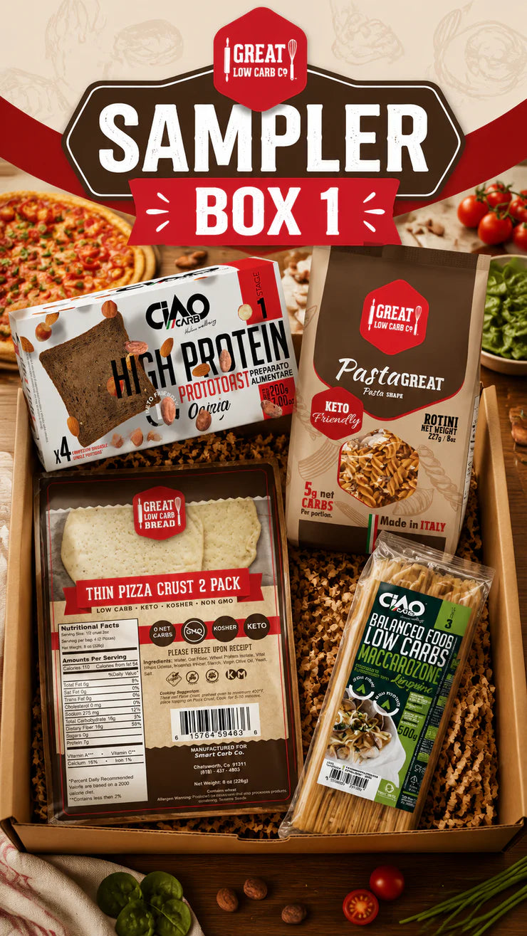 Great Low Carb Sampler Box 1 (Thin Pizza Crust, Rotini, Linguini, Choco Toast)